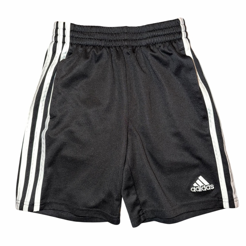 Adidas Athletic Shorts Boys Size Small (8) Black With White Stripes And Pockets